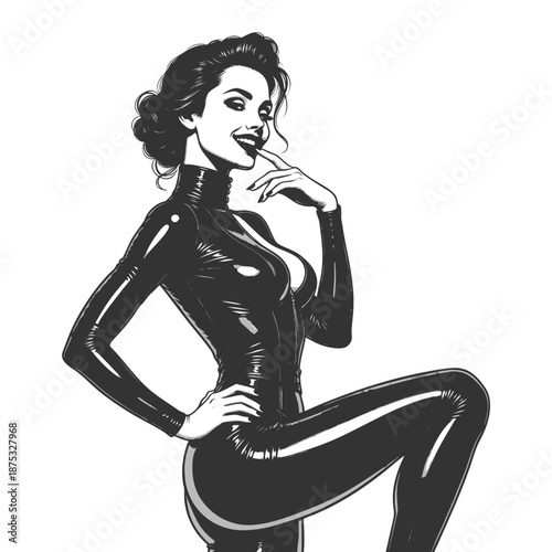 confident woman in a tight latex outfit, posing with elegance and modern flair sketch engraving generative ai fictional character vector illustration. Scratch board imitation. Black and white image.