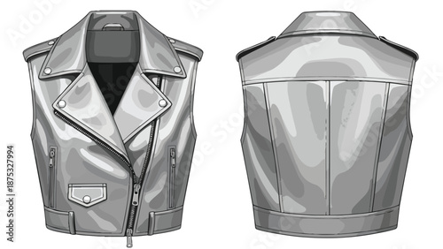 Sleek sleeveless leather vest design with intricate detailing, showcasing a modern biker aesthetic from both front and back views, ideal for fashion