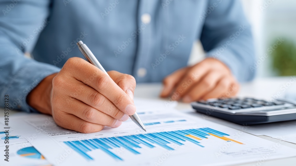 Naklejka premium Business professional analyzing financial reports with graphs and charts, using a pen to highlight data, calculator nearby, demonstrating analytical skills and attention to detail