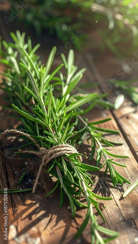 Bunch of rosemary tied with twine on rustic wooden surface, bright and natural lighting