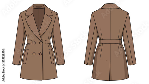 Classic brown double-breasted tailored coat with belted waist design flat illustration for fashion concepts