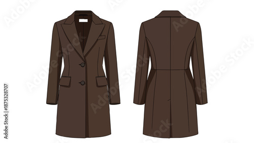 Brown women's elegant long-sleeved outerwear garment with lapel collar and button closure depicted in a detailed technical flat sketch illustration