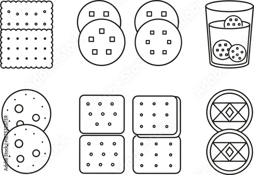 Professional line icons of assorted biscuits crackers cookies and dry snacks for food packaging design.