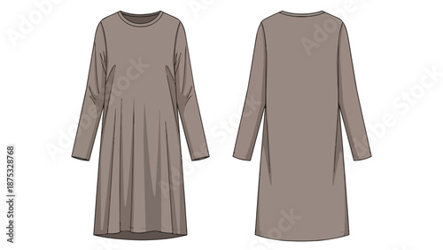 Long-Sleeve Relaxed Fit Tunic Dress Flat Sketch Front and Back Views Comfortable Everyday Apparel Design Technical Drawing Beige Garment