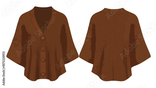 A cozy stylish brown v-neck knitted cardigan with wide sleeves perfect for autumn fashion front and back views showcasing comfortable elegant