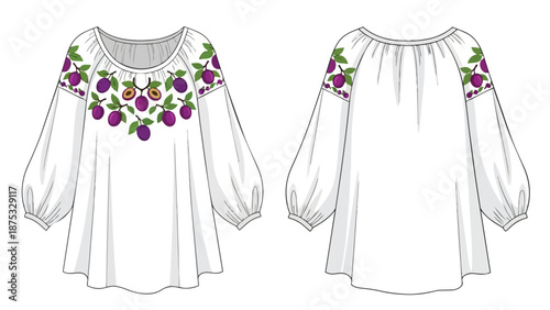 White casual blouse featuring beautiful plum and leaf embroidery design, showcasing a comfortable gathered neckline and stylish puff sleeves,