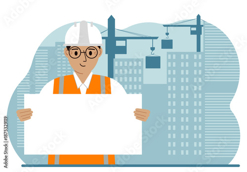 Engineer near houses under construction and construction cranes. Builder holds a large white sheet for text.