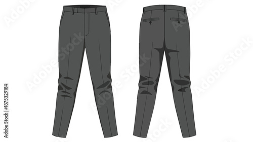 Mens dark gray dress pants flat technical drawing front and back views ideal for fashion design apparel pattern creation professional garment