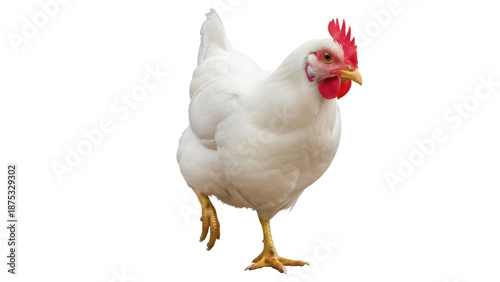White hen PNG isolated on transparent background, domestic fowl with red comb and wattle for poultry farming and food production