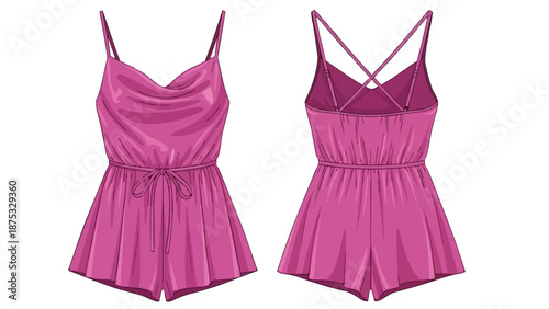 Vibrant Fuchsia Playsuit Flat Sketch with Cowl Neck and Crisscross Back Straps Fashion Design