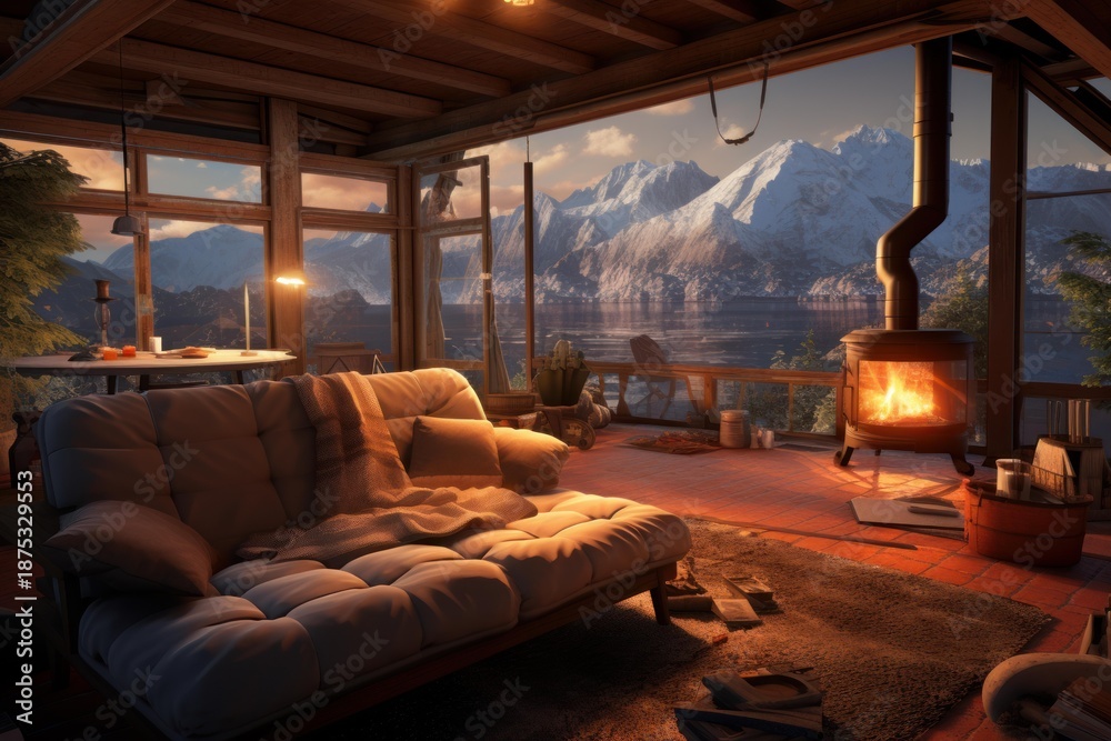 Fototapeta premium Cozy cabin living room with burning stove, offering a relaxing view of the mountain lake at sunset