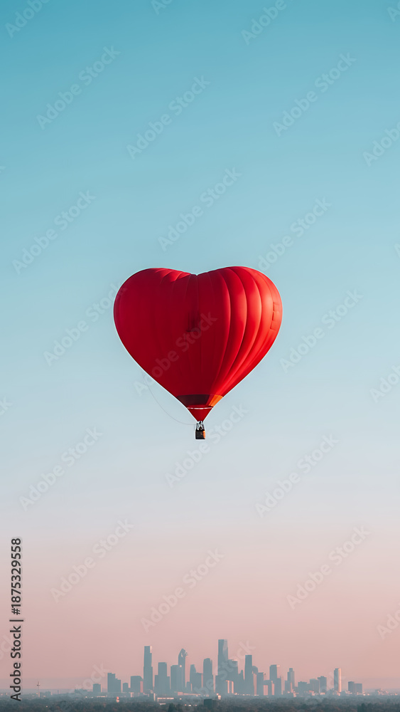 Fototapeta premium Red heart-shaped hot air balloon floating over urban skyline at sunset - Concept of Modern Love Stories with Subtle Valentine’s Day Symbols in Urban Life 