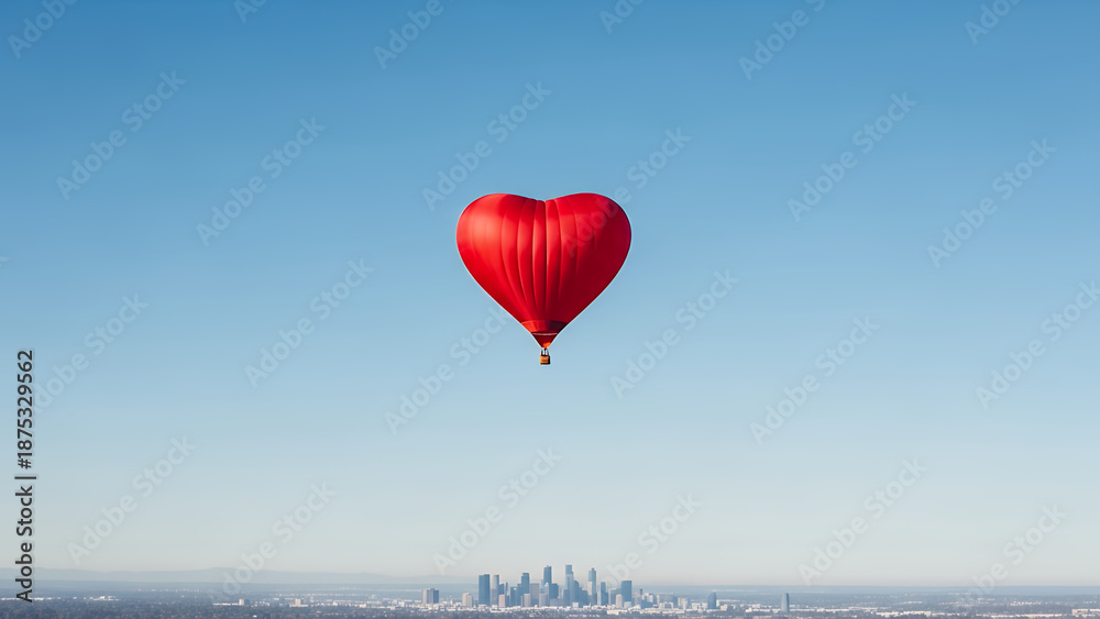 Fototapeta premium Red heart-shaped hot air balloon floating above city skyline 