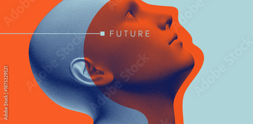 Man looking up. Abstract digital human head. Cover design template. Minimalistic design for business presentation, placard, banner, cover, brochure or notebook. 3d vector.