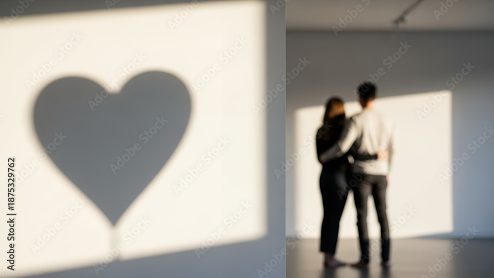 Fototapeta premium Couple embracing with a heart shadow on wall in urban setting, concept of Modern Love Stories with Subtle Valentine’s Day Symbols in Urban Life 