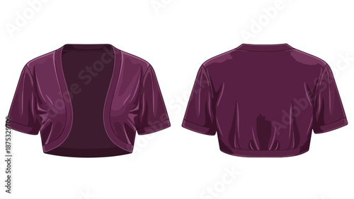Elegant short-sleeved plum bolero jacket, front and back views for fashion design and apparel mockups