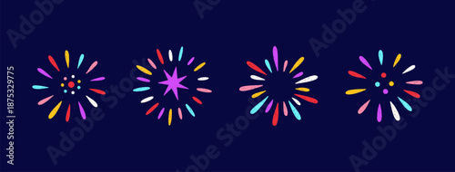 Crayon colorful fireworks set. Hand drawn sketches of whimsical sparkles, firecracker, confetti, magical bursts. Childish chalk or pencil drawings for birthday, party, carnival. Vector, dark bg