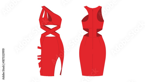 Striking Red Cut-Out Bodycon Dress Technical Fashion Illustration with One-Shoulder Design and Side Slit Details