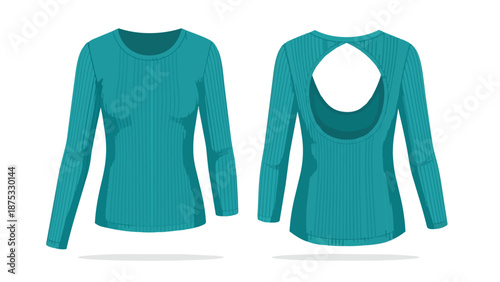 Vibrant teal ribbed long-sleeve top with a striking open back cutout design perfectly blending modern fashion trends with casual sophistication for