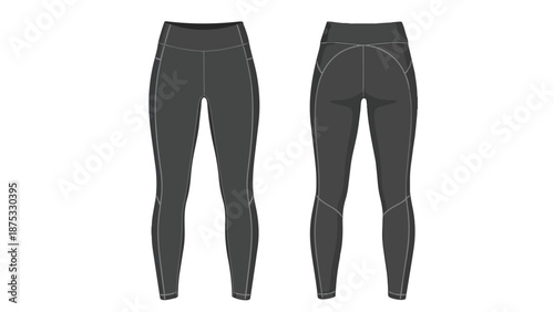 Technical flat illustration of women's dark gray athletic leggings with detailed seams and side pockets