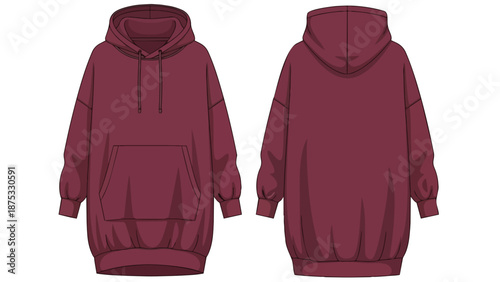 Oversized maroon hooded sweatshirt flat vector illustration showcasing front and back apparel design mockup
