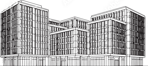 Black and white of a multi-story building with many windows 1