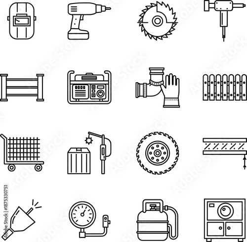 Professional industrial construction icons featuring power tools welding masks generators and heavy machinery equipment.
