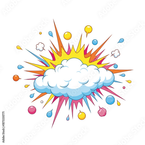 Comic Book Explosion Cloud Burst with Colorful Splashes and Bubbles