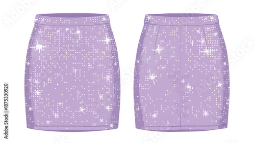 A shimmering lavender mini-skirt adorned with sparkling white dots and radiant starburst accents, showcasing front and back views of trendy fashion