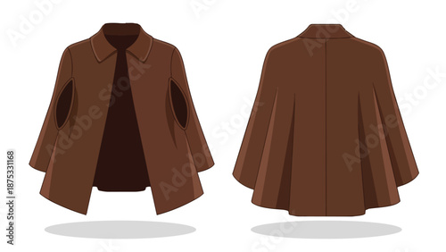 Elegant brown cape illustration revealing its distinct front and back views with classic collar and flowing silhouette, perfect for fashion design