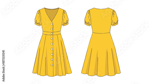 Vibrant yellow button-front dress technical drawing with puff sleeves and flared skirt.