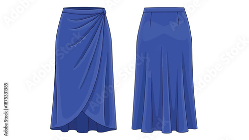 Vibrant blue draped maxi skirt with elegant front overlap and fluid silhouette, front and back view illustration, perfect for fashion design concepts