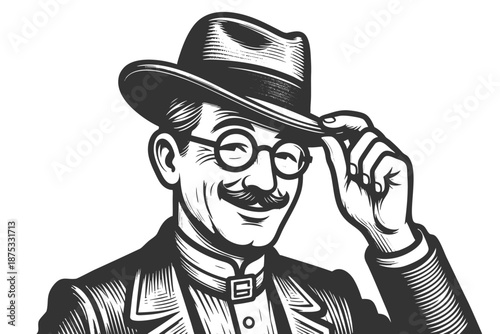man tipping his fedora, evoking classic charm and vintage gentleman appeal sketch engraving generative ai fictional character vector illustration. Scratch board imitation. Black and white image.