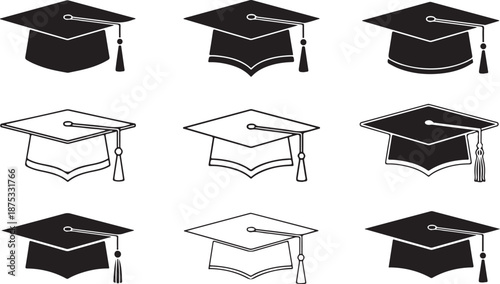 Graduation caps with tassels in black and white graduation symbols