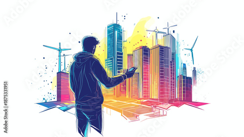 Man Holding Smartphone with Cityscape Behind.
