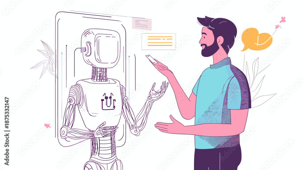 Fototapeta premium Man Interacting with Robot Illustration.