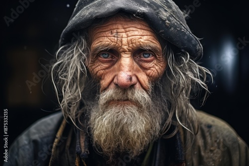 Close up portrait of an elderly man with a long beard and weathered face