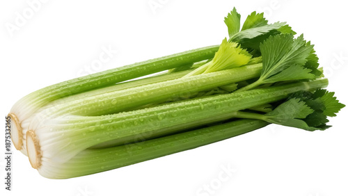Fresh green celery stalks isolated PNG, healthy vegetable with water droplets on transparent background for cooking and healthy eating