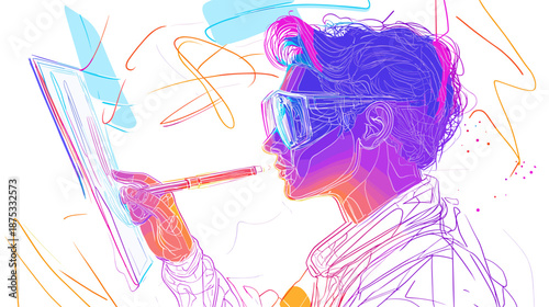 Man Wearing Virtual Reality Headset and Holding Controller.