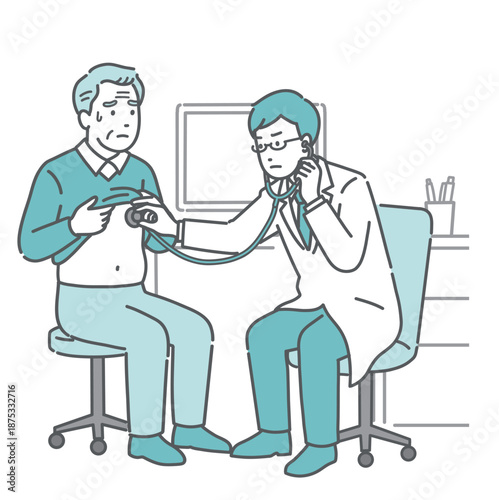 聴診器で異常を確認する男性医師（白衣・体調不良の高齢男性患者）