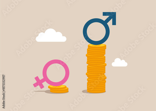 Male standing on much more paid money coins, female on less small income coin Gender pay gap, salary or income, issue about gender diversification.