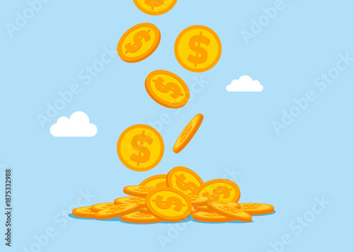 Falling dollar coins. Achieving financial freedom, economic forecast concept. Business money and finance. Flat vector illustration