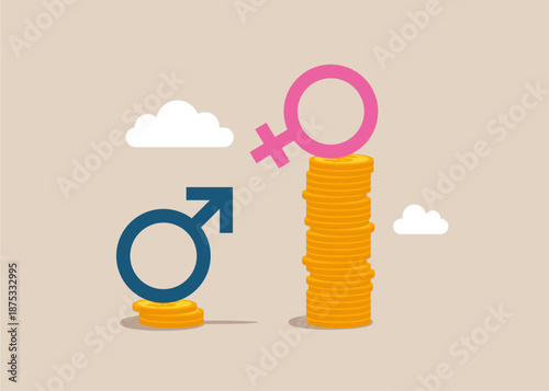 Female standing on much more paid money coins, male on less small income coin Gender pay gap, salary or income, issue about gender diversification.
