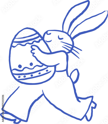 Cute hand-drawn Easter bunny carrying Easter egg. Minimal blue line art in a naive folk art style. 