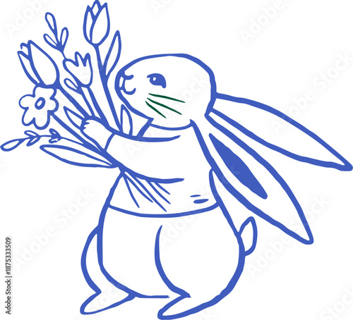 Cute hand-drawn Easter bunny holding flowers. Minimal blue line art in a naive folk art style. 