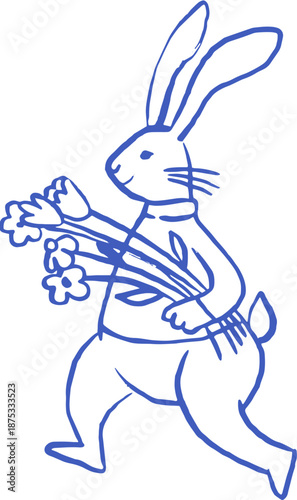 Cute hand-drawn Easter bunny walking with flowers. Minimal blue line art in a naive folk art style. 