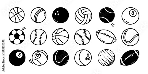 Sport balls doodle. Hand drawn soccer, basketball and football, volleyball and tennis, baseball and cricket, softball and bowling, billiard and rugby sketch game equipment. Vector isolated set