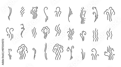 Steam and scent doodle, line swirls and aroma flourishes for bakery menu, outline hot coffee smell for cafe or restaurant design. Air wavy flow, fume and vapor smoke cloud isolated sketch vector set