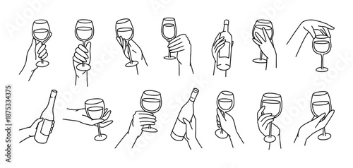Wine glass and bottle hand holding doodle. Sketch female hands with cocktail, champagne glasses, alcoholic drinks, wineglass for birthday, Christmas new year celebration concept. Isolated vector set