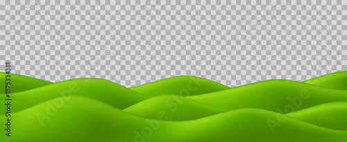 3d grass and hill for kid background. Cartoon landscape and green mountain or playground. Vector illustration nature and fantasy park, summer outdoor field. Spring banner, eco scene, cute meadow